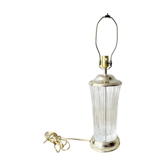 1970s Vintage Ribbed Crystal & Gold Tone Metal Table Lamp 24” Hollywood Regency